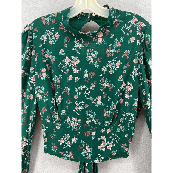 Reformation Shirt Sz 12 Raye Emilia Green Floral Long Sleeve Open Back Crop - Picture 3 of 14
